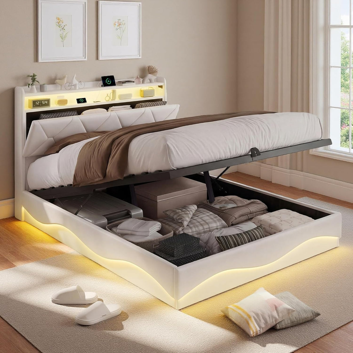 Letto contenitore JYNVO, matrimoniale, 140 × 200 cm, velluto, Beige, con contenitore, con illuminazione LED, con porta USB, imbottito