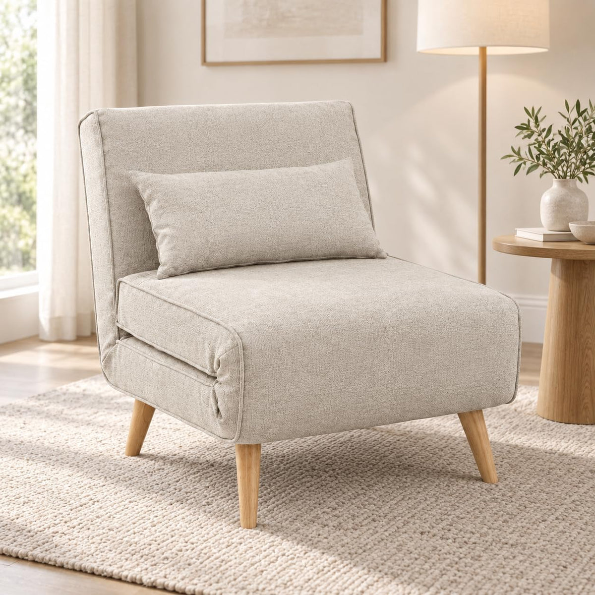 Poltrona letto Domo Mea, 76 × 80 × 74 cm, legno, tessuto, Crema, con funzione letto, per soggiorno