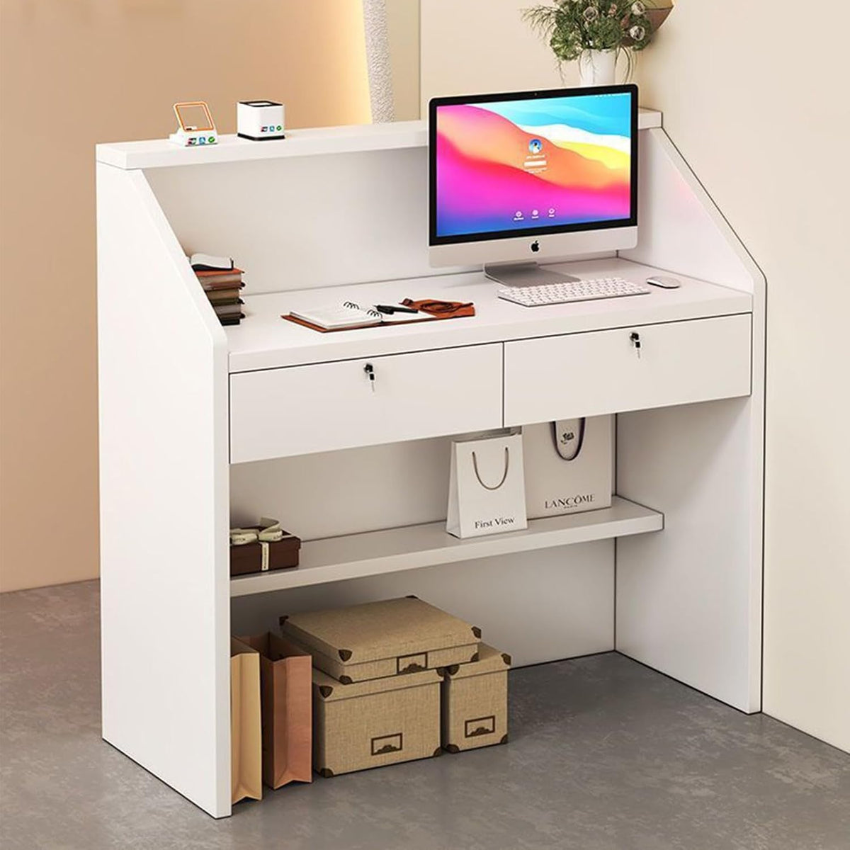 Bancone reception, 60 × 34 × 92cm, legno, Bianco, per Salone di Bellezza o Cassa al Dettaglio
