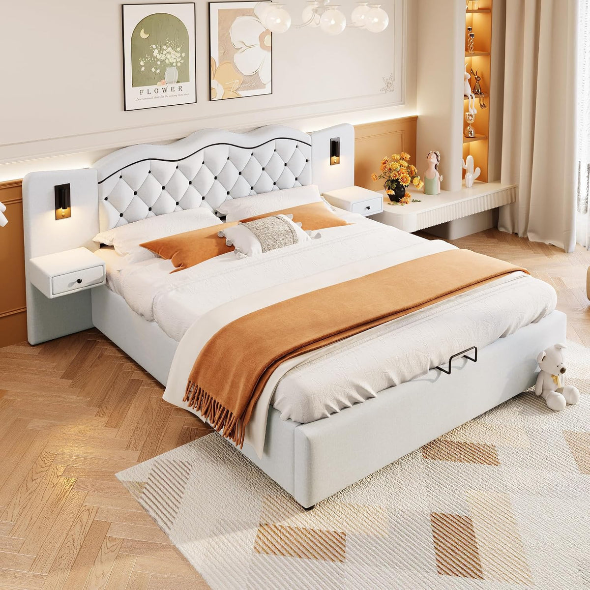 Letto contenitore Rvjiahe, 2 cassetti, matrimoniale, 180 × 200 cm, 205 × 245 × 102,5 cm, MDF, lino, Bianco, con rete a doghe, con porta USB