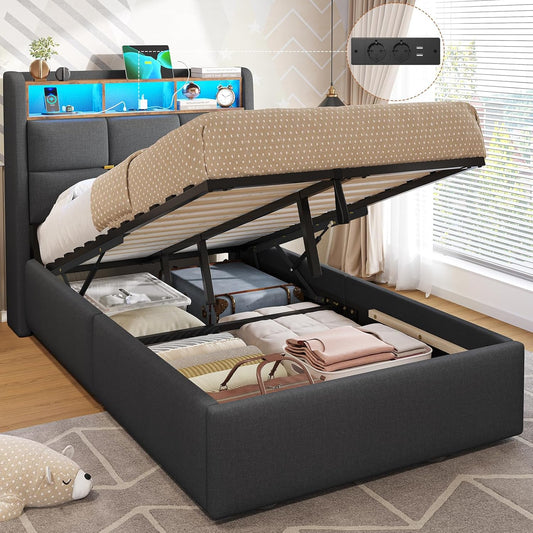 Letto contenitore DICTAC, singolo, misura 90 × 200, Grigio scuro, regolabile, con illuminazione LED, con porta USB, imbottito, per camera da letto