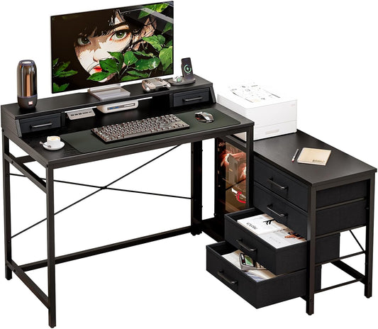 Scrivania Forthcan, 135 × 100 cm, metallo, tessuto, Nero, regolabile, per ufficio, Scrivania per computer con cassetti