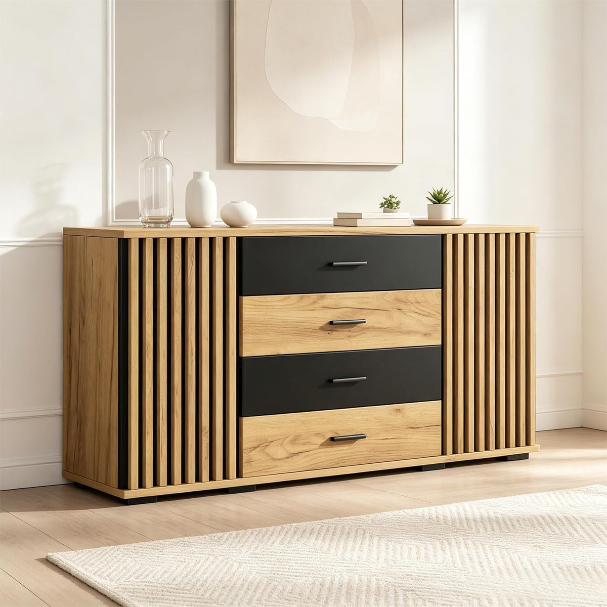 Credenza NADEUSAK, 4 cassetti, 2 ante, 140 × 35 × 70 cm, MDF, Rovere, regolabile, per soggiorno e sala da pranzo