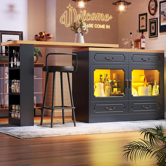 Tavolo da bar Ligterra, 4 cassetti, 203 × 39 × 92,9 cm, MDF, metallo, allungabile, con illuminazione LED, con porta USB, per sala da pranzo e cucina