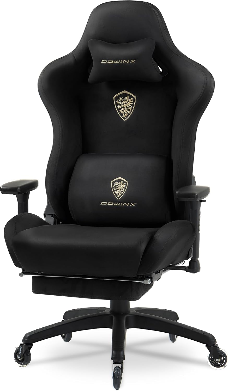 Sedia gaming Dowinx, velluto, pelle, Nero, regolabile, con poggiapiedi, con braccioli, per ufficio