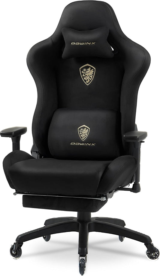 Sedia gaming Dowinx, velluto, pelle, Nero, regolabile, con poggiapiedi, con braccioli, per ufficio