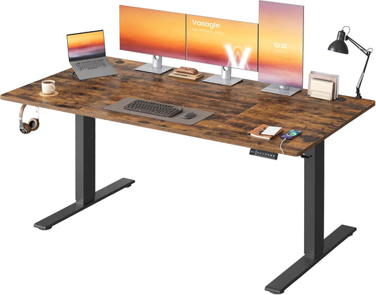 Scrivania VASAGLE, 180 × 80 cm, altezza regolabile 72-120 cm, acciaio, plastica, Marrone, con porta USB, per ufficio