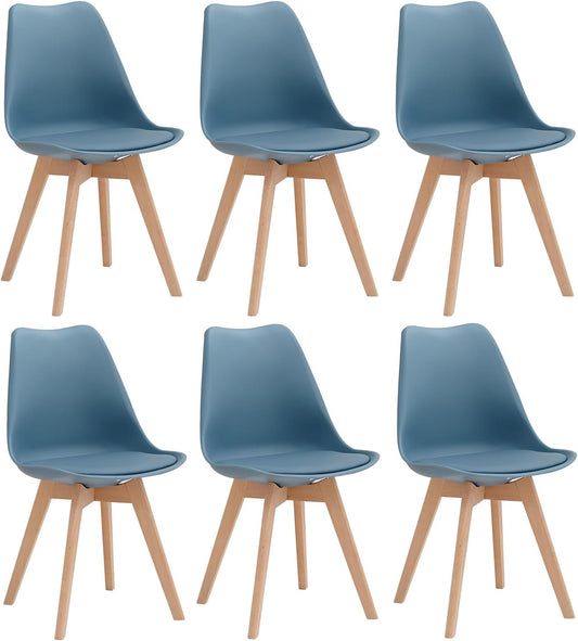 Sedia JZGORC, 6 sedie, legno, pelle, Blu scuro, imbottita, per sala da pranzo e cucina