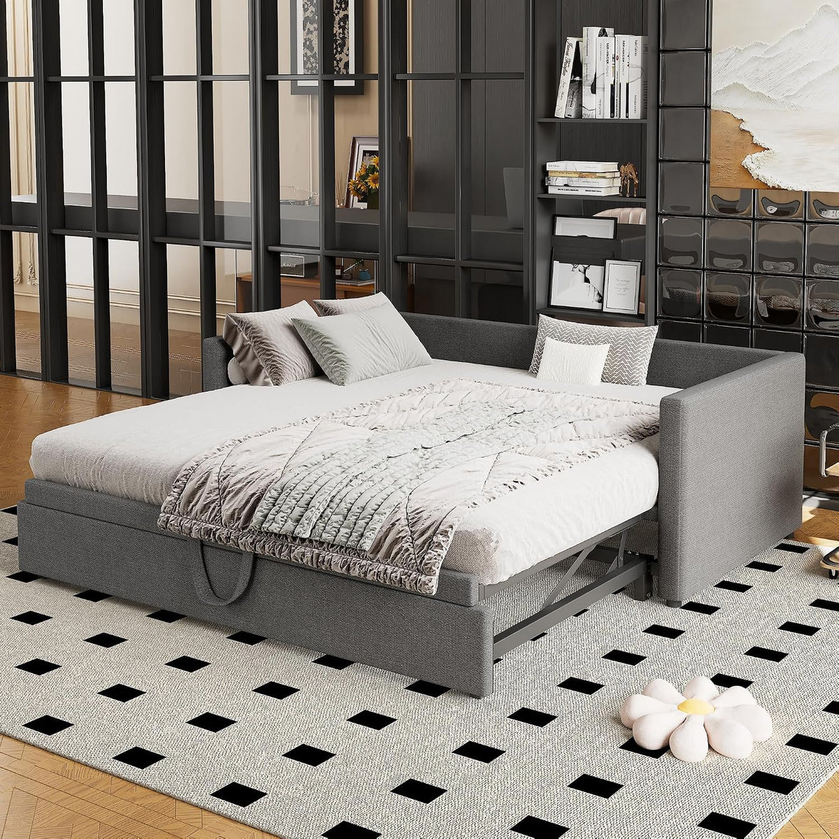 Letto, singolo, matrimoniale, lino, Grigio, trasformabile, con contenitore, imbottito