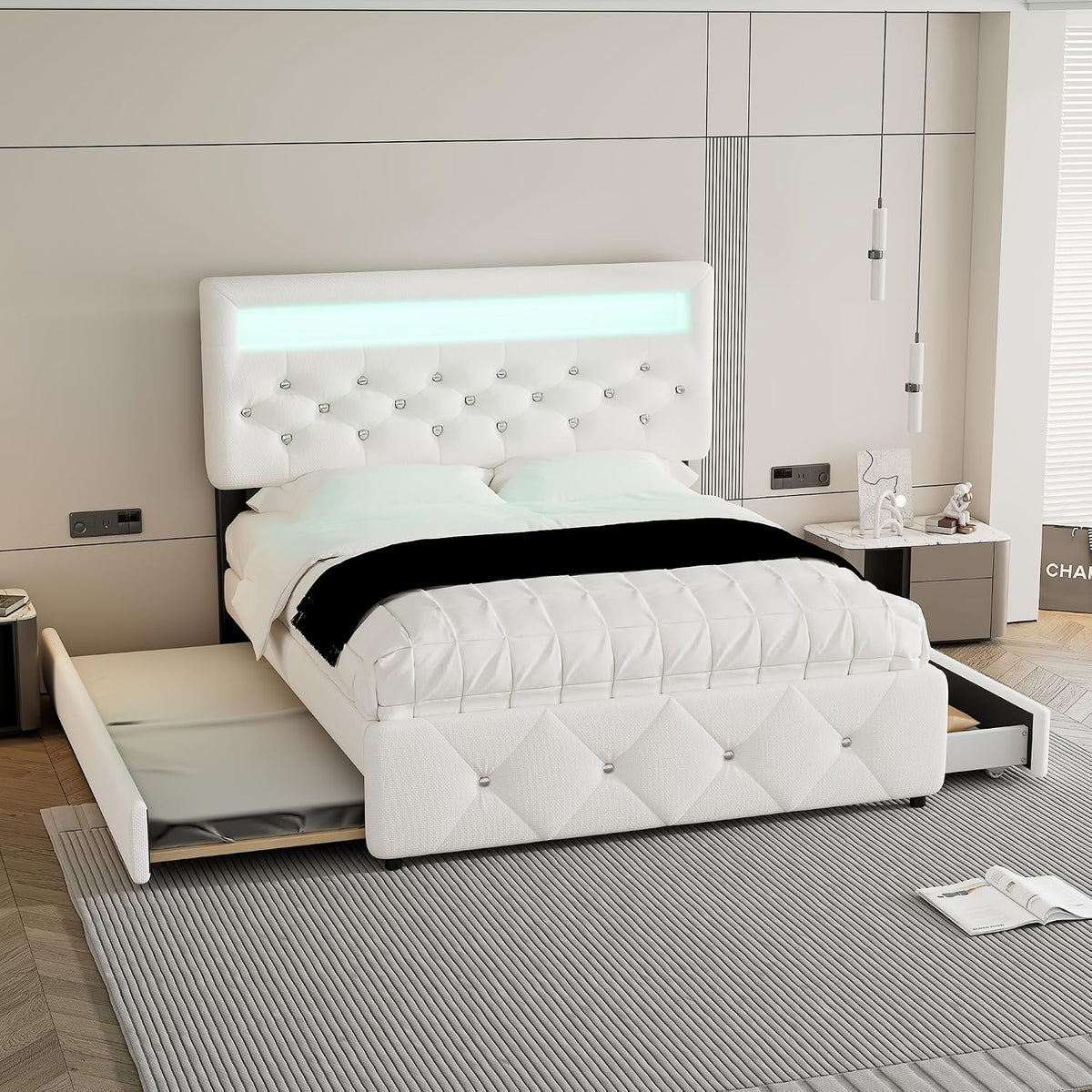 Letto Kebnor, 2 cassetti, matrimoniale, 205 × 141 × 115 cm, MDF, metallo, Bianco, regolabile, imbottito, per camera da letto