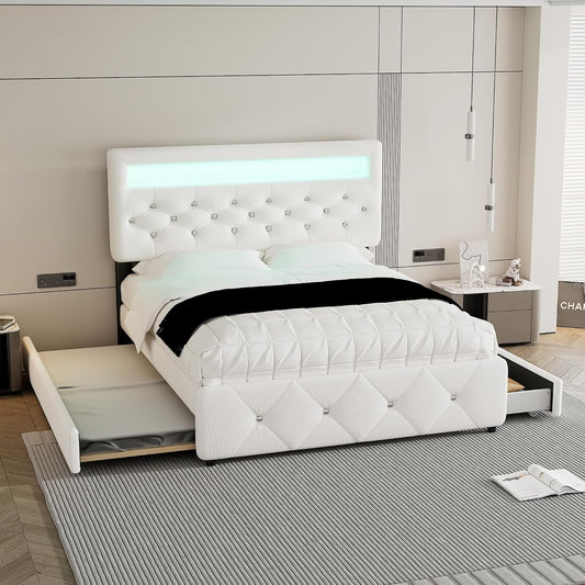 Letto Kebnor, 2 cassetti, matrimoniale, 205 × 141 × 115 cm, MDF, metallo, Bianco, regolabile, imbottito, per camera da letto