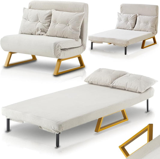 Divano letto Shally Dogan, 2 posti, 3 in 1, velluto, Crema, trasformabile, reclinabile, pieghevole, con braccioli, sfoderabile, per soggiorno