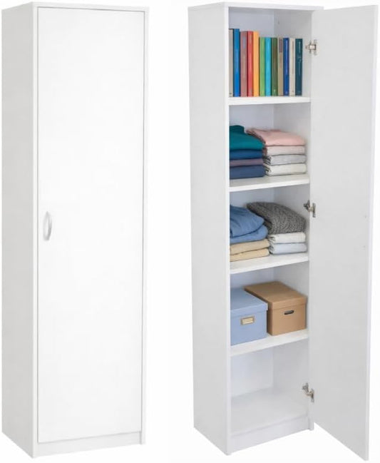 Armadio BDW, 5 ripiani, Bianco, con contenitore, per bagno, 185 cm H, 35 cm P, 1 anta