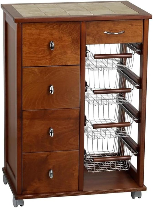 Cassettiera MA MAISON, 5 cassetti, 85 × 59 × 39 cm, legno, metallo, Piano Mattonelle in Ceramica, Ruote in Plastica Gommata
