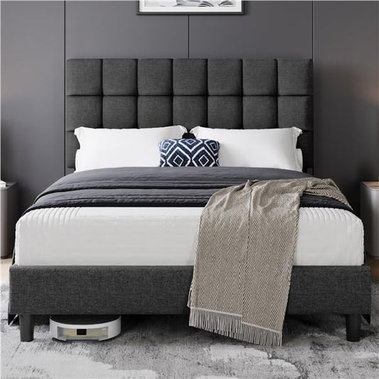 Struttura letto Yaheetech, 140 × 200 cm, legno, Grigio scuro, regolabile, con rete a doghe, imbottita, per camera da letto