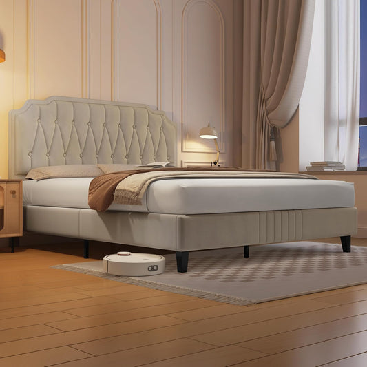 Letto Yaheetech, 140 × 200 cm, legno, metallo, Beige, regolabile, con rete a doghe, imbottito, per camera da letto