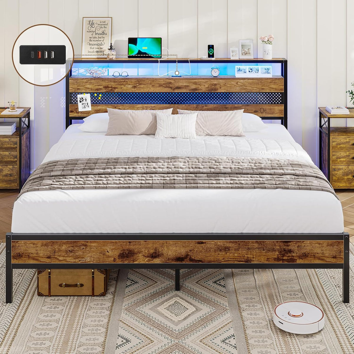 Struttura letto AOGLLATI, matrimoniale, 135 × 190 cm, legno, metallo, con rete a doghe, con illuminazione LED, con porta USB, per camera da letto