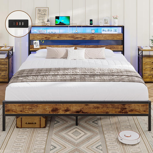 Struttura letto AOGLLATI, matrimoniale, 135 × 190 cm, legno, metallo, con rete a doghe, con illuminazione LED, con porta USB, per camera da letto