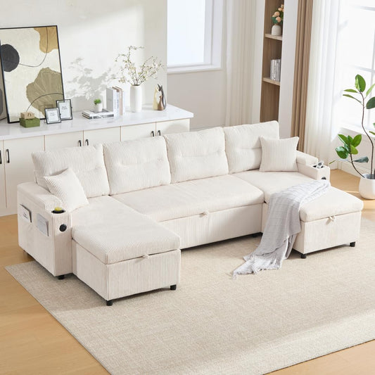 Divano letto Lubvtti, 4 posti, velluto, Beige, con braccioli, con porta USB, per soggiorno