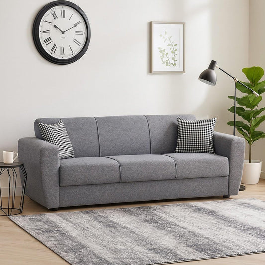 Divano letto Dmora, 3 posti, MDF, tessuto, Grigio, con contenitore, imbottito, per soggiorno