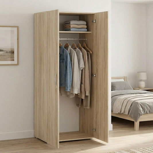 Armadio guardaroba Dmora, 2 ante, Rovere, per camera da letto, 74x52 h179 cm