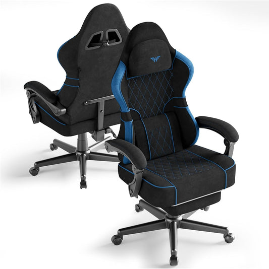 Sedia gaming Huracan, tessuto scamosciato, pelle, Nero, girevole a 360°, regolabile, allungabile, con ruote, con poggiapiedi, per ufficio