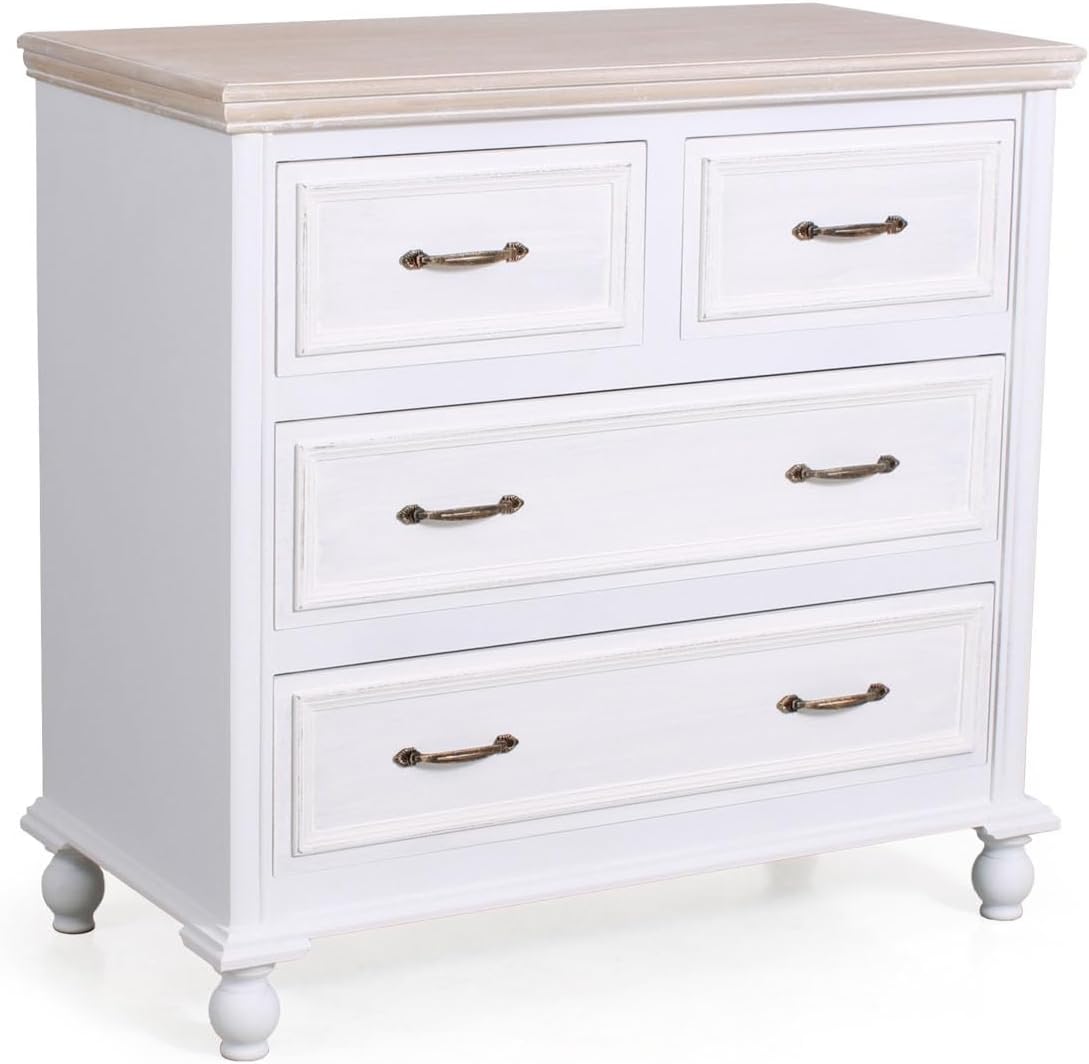 Cassettiera DiKasa, 4 cassetti, 80 × 40 × 78 cm, legno, Bianco, per soggiorno e sala da pranzo