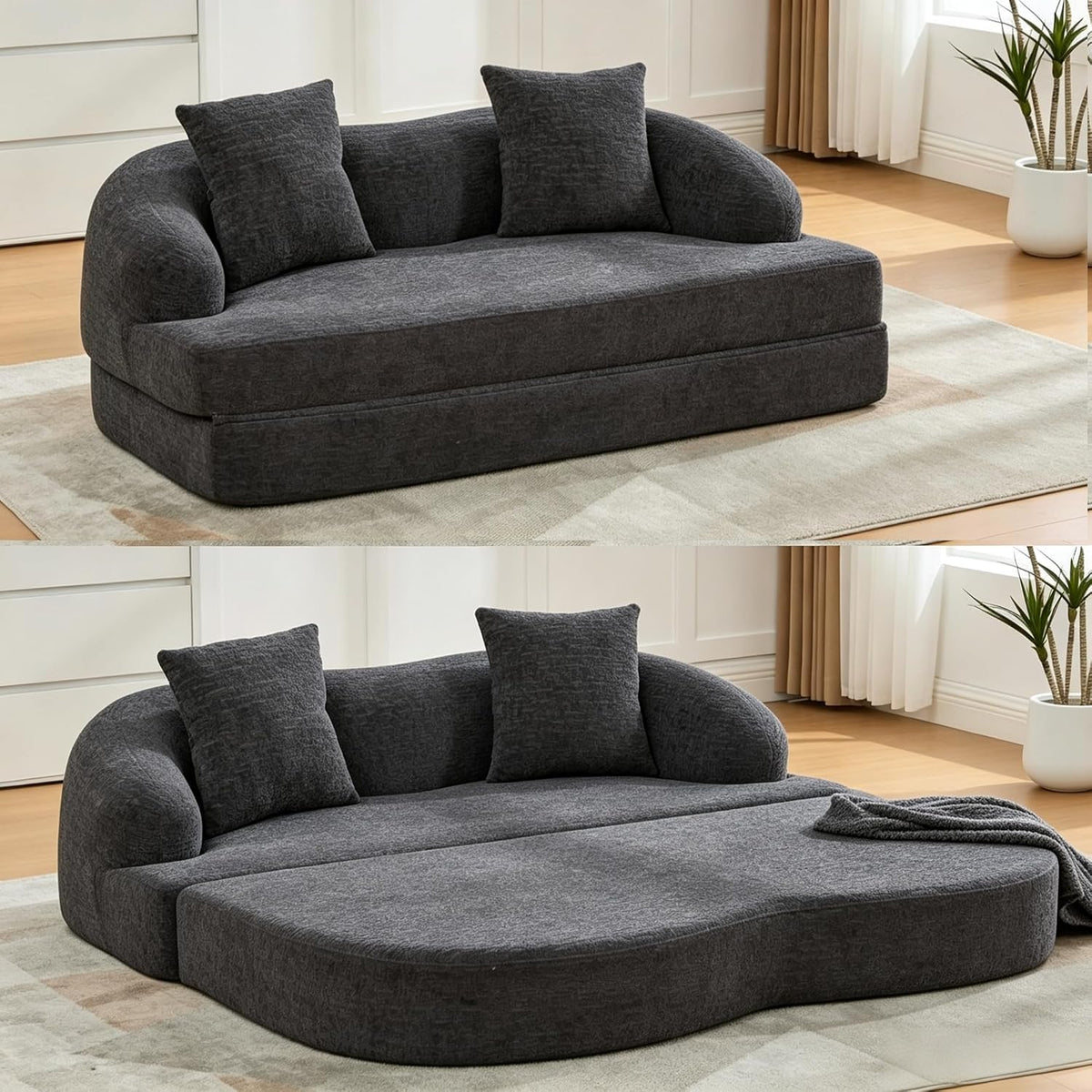 Divano letto Kuczn, 2 posti, 157 × 84 × 65 cm, ciniglia, Grigio scuro, pieghevole, per soggiorno