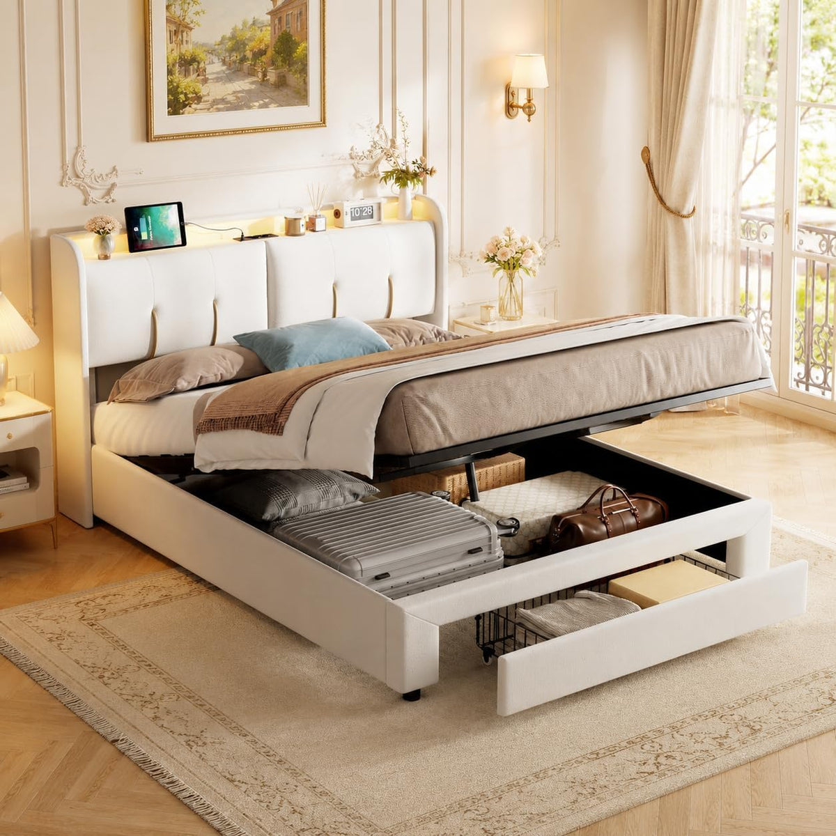 Letto contenitore KeepGoon, 1 cassetti, matrimoniale, 160 × 200 cm, velluto, Bianco, con contenitore, con rete a doghe, con illuminazione LED
