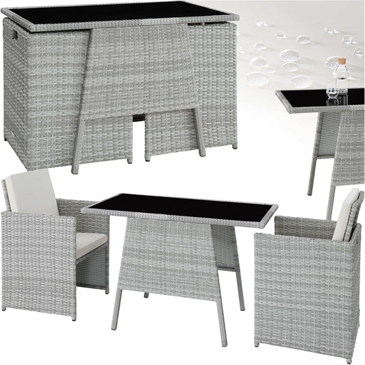 Set da pranzo da giardino tectake, 2 poltrone, acciaio, rattan, Nero e grigio, per giardino e terrazzo