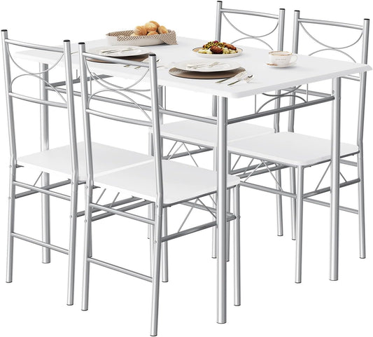 Set da pranzo WOLTU, set 5 pezzi, 4 sedie, 110 × 70 × 76 cm, MDF, metallo, Bianco, per sala da pranzo e cucina