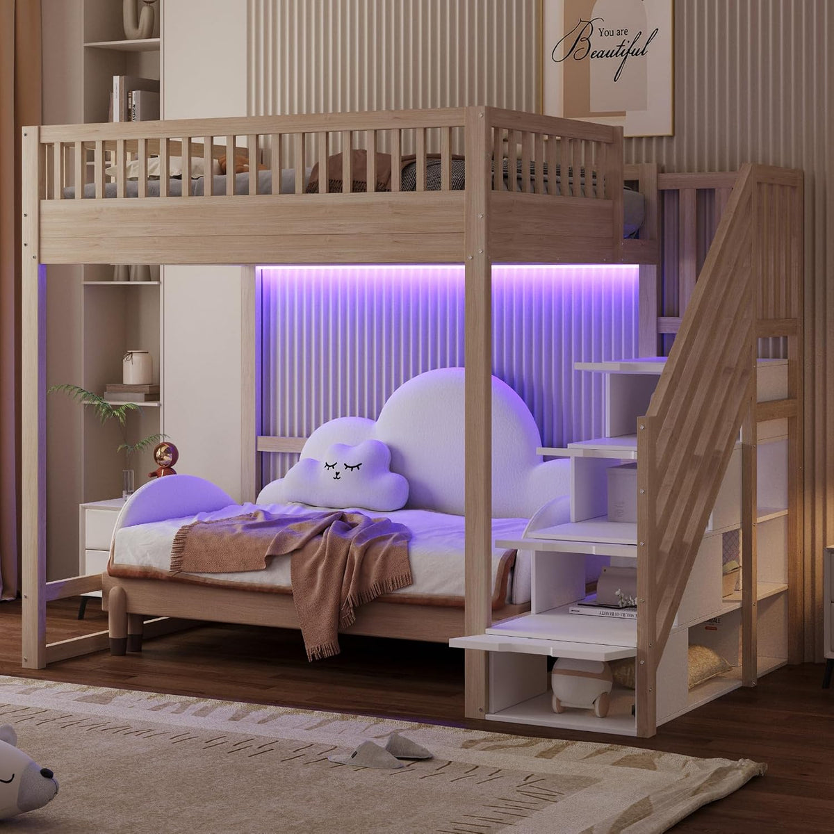 Letto Lubvtti, 140 × 200cm, legno massello, Naturale, con illuminazione LED, per camera da letto