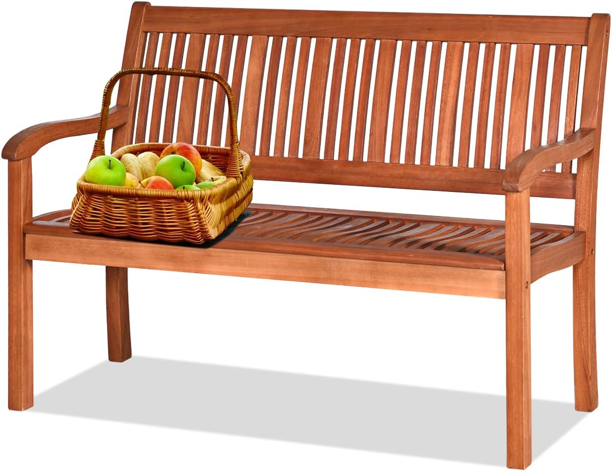 Panca GIANTEX, 2 posti, 126 × 63 × 91 cm, legno, Naturale, con braccioli, per giardino e terrazzo
