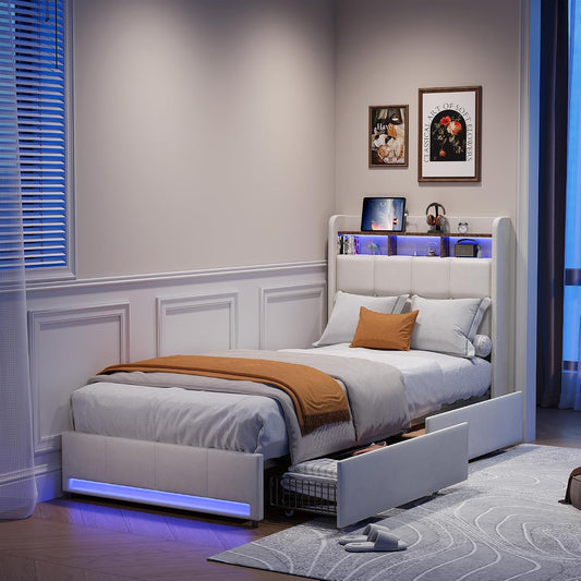 Letto BPKADHY, 2 cassetti, singolo, 90 × 200 cm, legno, metallo, Beige, con contenitore, con ruote, con rete a doghe, con porta USB, imbottito