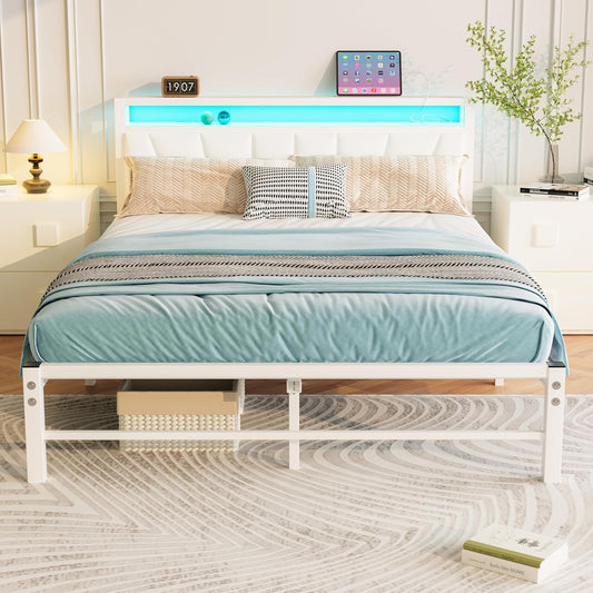 Struttura letto BORPHOM, matrimoniale, metallo, con illuminazione LED, con porta USB, imbottita, per camera da letto