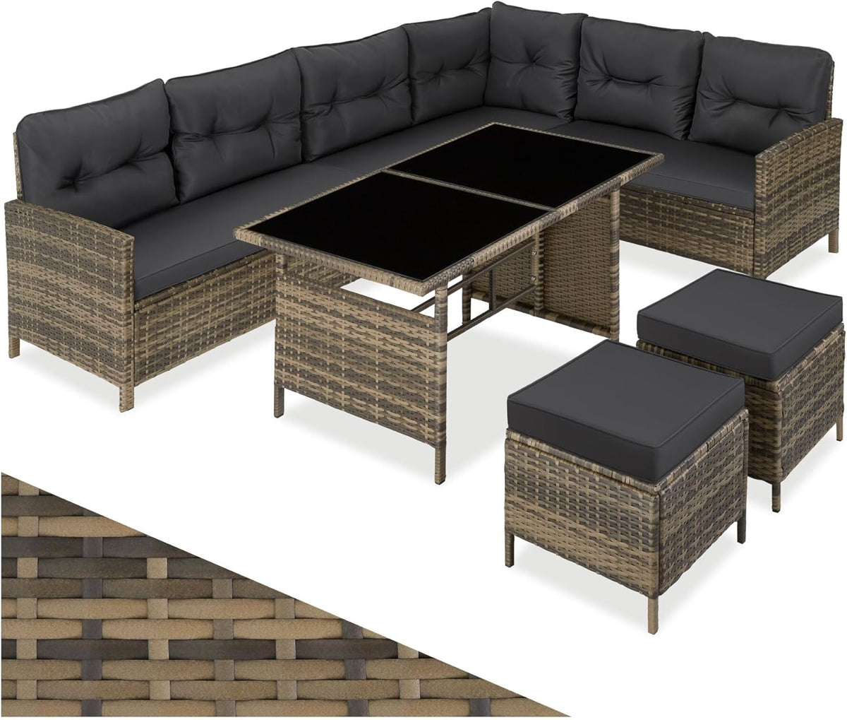 Set da pranzo da giardino tectake, acciaio, rattan, Naturale, per giardino e terrazzo