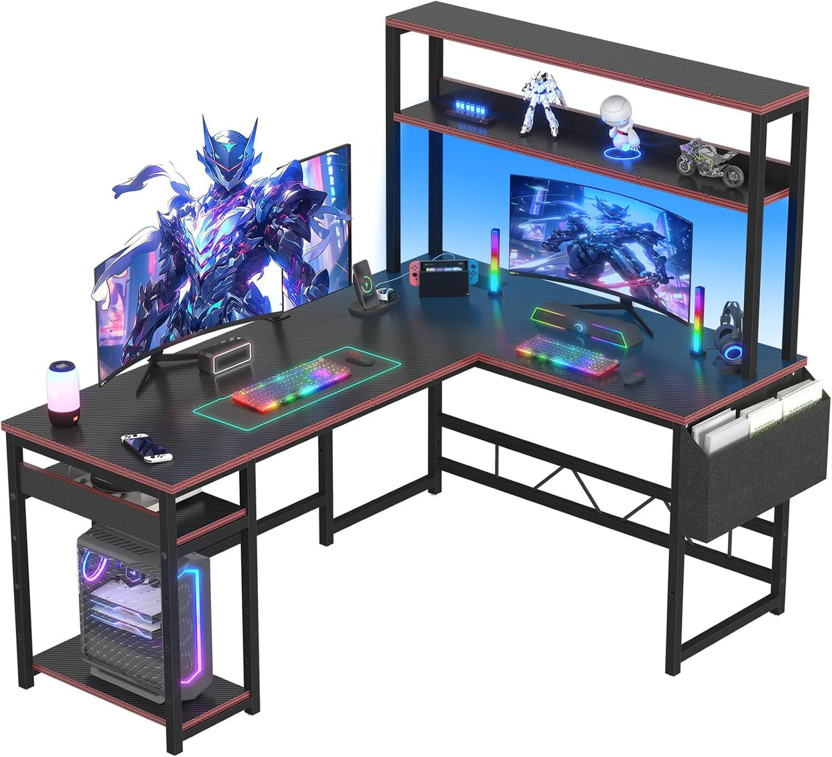 Scrivania Devoko, 155 × 100 cm, Nero, con illuminazione LED, con porta USB, per ufficio