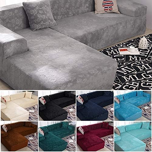 Fodera copridivano ABUKJM, 4 posti, velluto, Beige, per soggiorno, per divano chaise longue, 235-300 cm