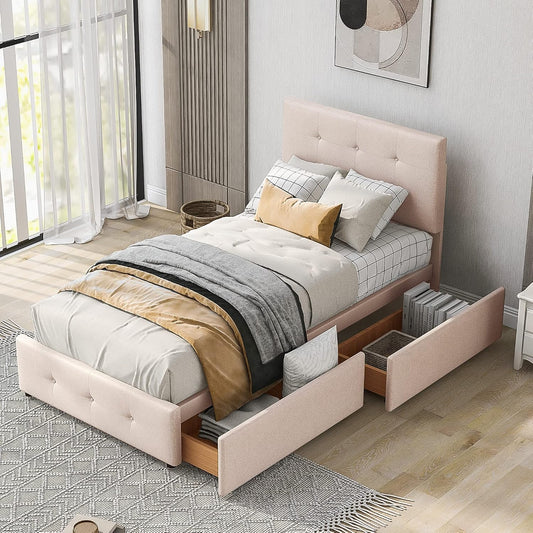 Letto Azkoeesy, 2 cassetti, singolo, 90 × 200 cm, legno, velluto, Beige, con ruote, con rete a doghe, imbottito, per camera da letto