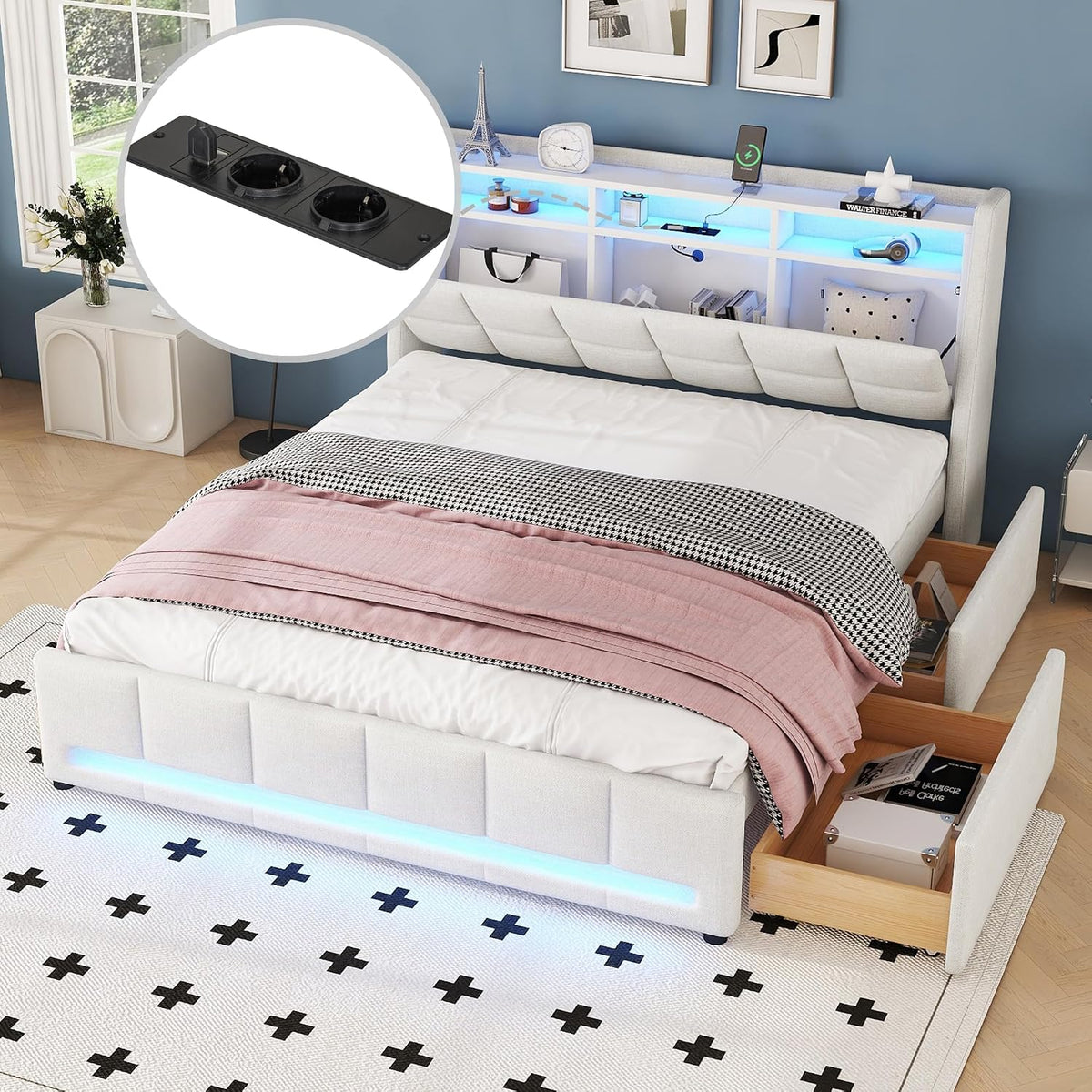 Letto Huayz, matrimoniale, 160 × 200 cm, lino, Beige, con illuminazione LED, con porta USB, imbottito, per camera da letto