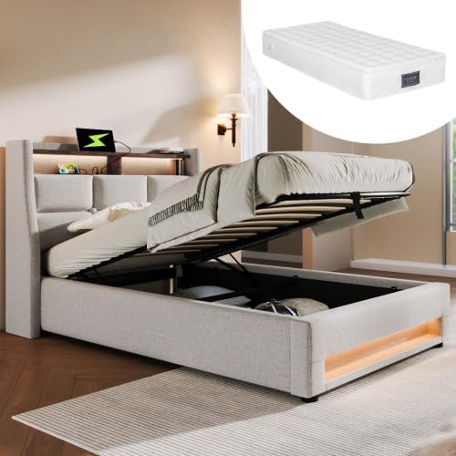 Letto KUAKE, matrimoniale, 90 × 200 cm, materasso incluso, lino, Beige, con rete a doghe, con porta USB, imbottito, per camera da letto