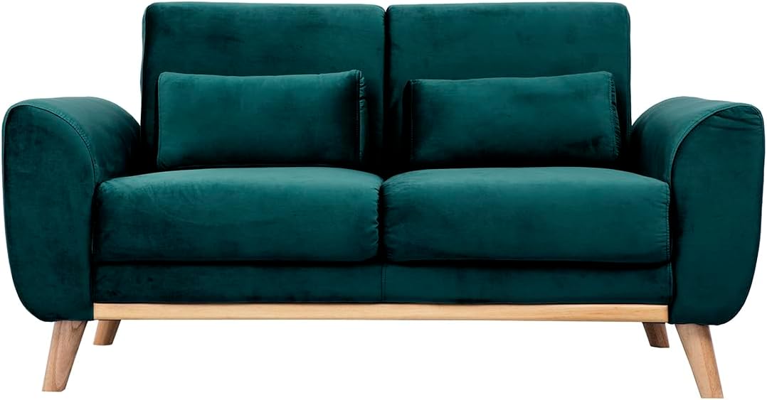 Divano Miliboo, 2 posti, 145 × 74 × 79 cm, legno, velluto, Blu petrolio, per soggiorno