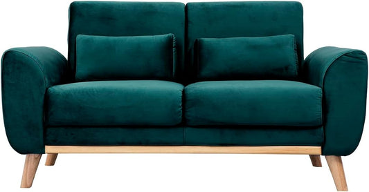 Divano Miliboo, 2 posti, 145 × 74 × 79 cm, legno, velluto, Blu petrolio, per soggiorno