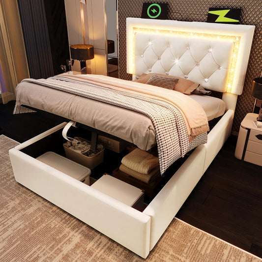 Letto Ktipm, singolo, 90 × 200 cm, velluto, con contenitore, con illuminazione LED, con porta USB, imbottito, per camera da letto