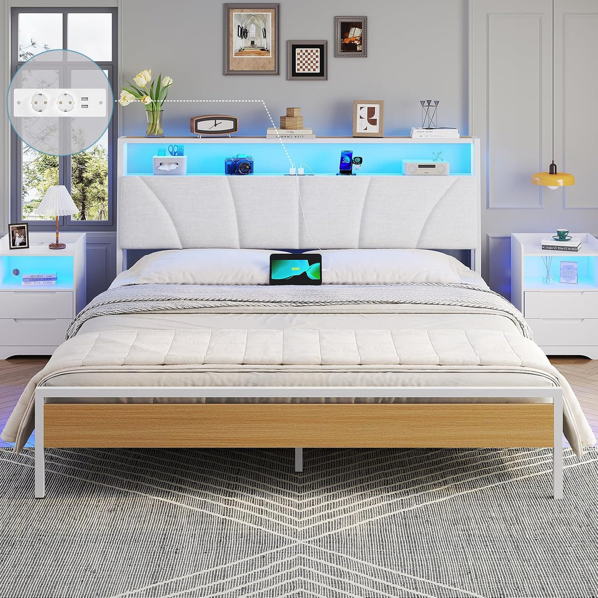 Letto Brinlawb, matrimoniale, 160 × 200 cm, Bianco, regolabile, con illuminazione LED, con porta USB, imbottito, per camera da letto