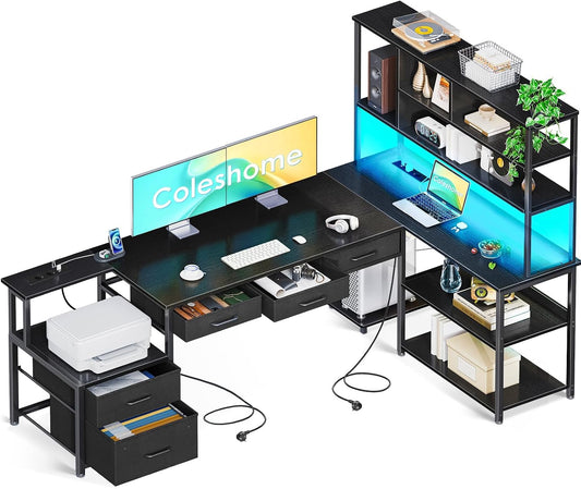 Scrivania Coleshome, 5 cassetti, 4 ripiani, 180 × 100 × 154,2 cm, Nero, con illuminazione LED, con porta USB, per ufficio
