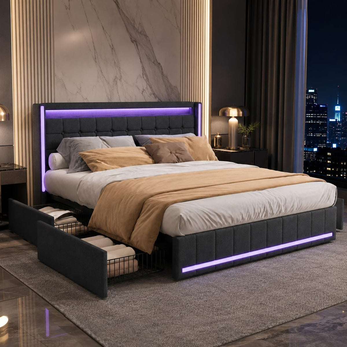 Letto BLSYHDH, 4 cassetti, matrimoniale, 160 × 200 cm, lino, Grigio scuro, con contenitore, con illuminazione LED, con porta USB, imbottito