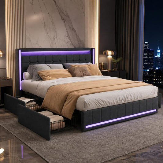 Letto BLSYHDH, 4 cassetti, matrimoniale, 160 × 200 cm, lino, Grigio scuro, con contenitore, con illuminazione LED, con porta USB, imbottito