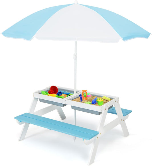 Set tavolo e panche COSTWAY, 3 in 1, 93 × 86 × 50 cm, legno, Bianco, regolabile, per giardino e terrazzo