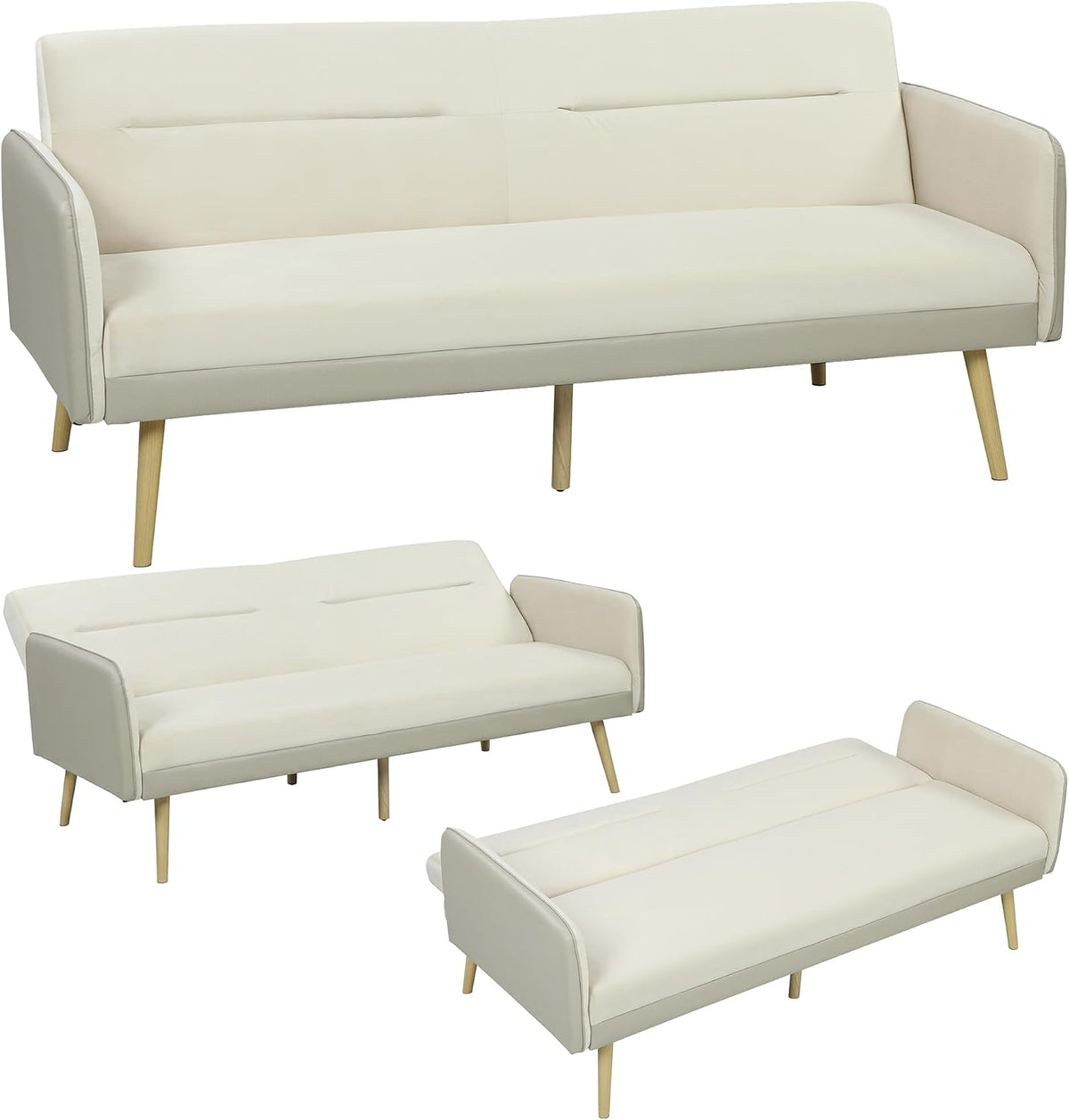 Divano letto HOMCOM, 3 posti, 185 × 84 × 83 cm, legno, metallo, Beige, trasformabile, reclinabile, regolabile, per soggiorno
